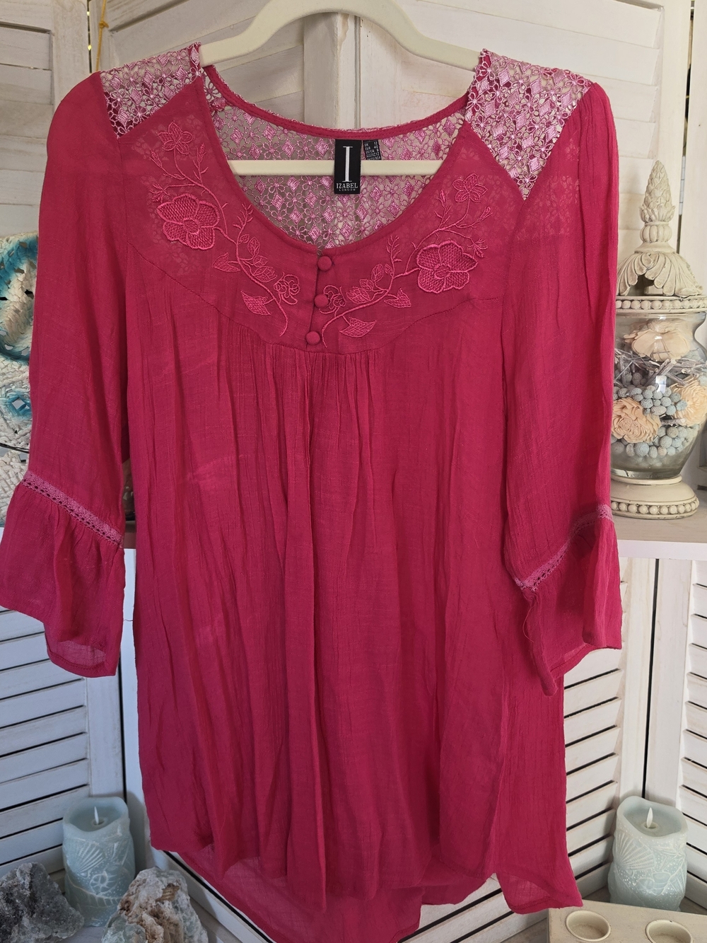 Izabel London Pink Embroidered Lace Boho Tunic Blouse Size 12 Sheer Bell Sleeve